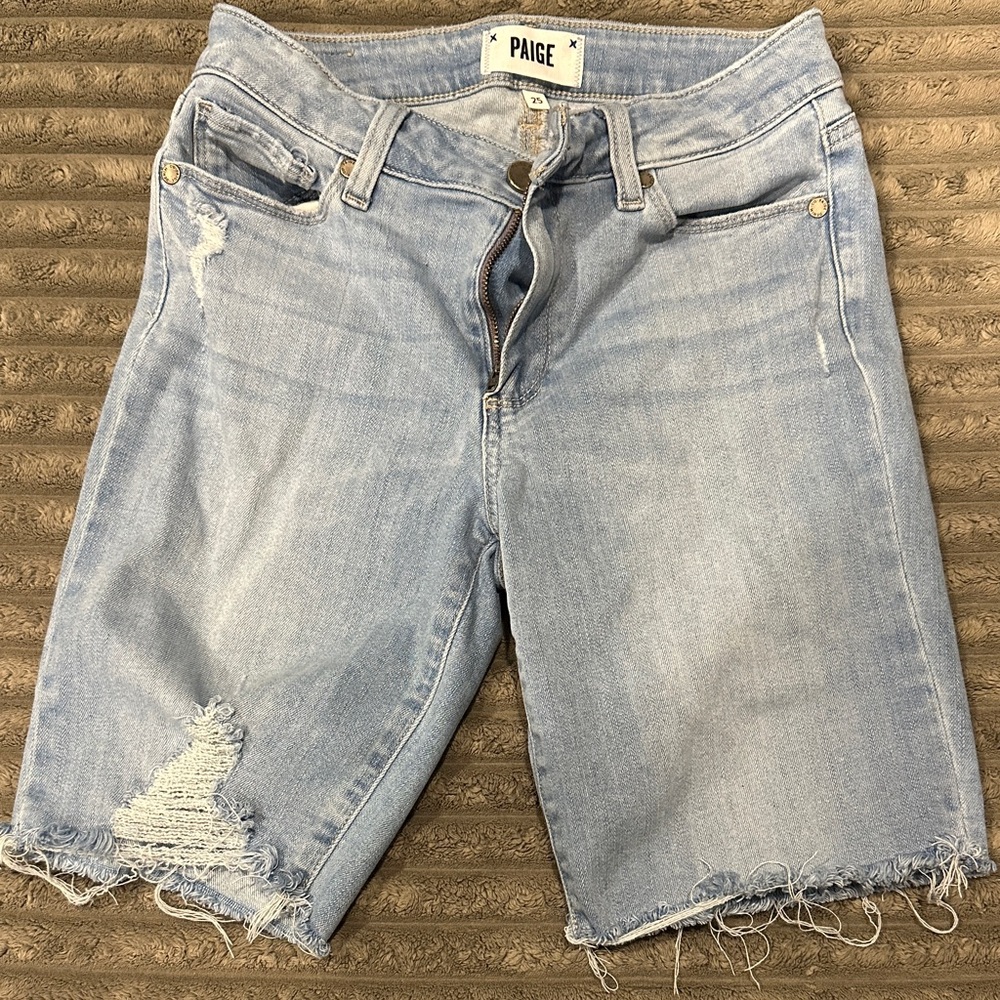 PAIGE Light Blue Frayed Hem Jean Shorts